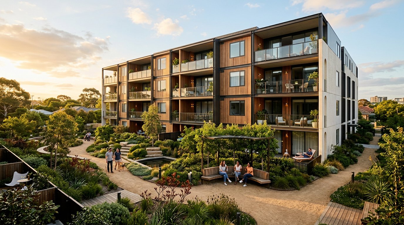 Modern Australian apartment building with landscaped gardens and courtyard