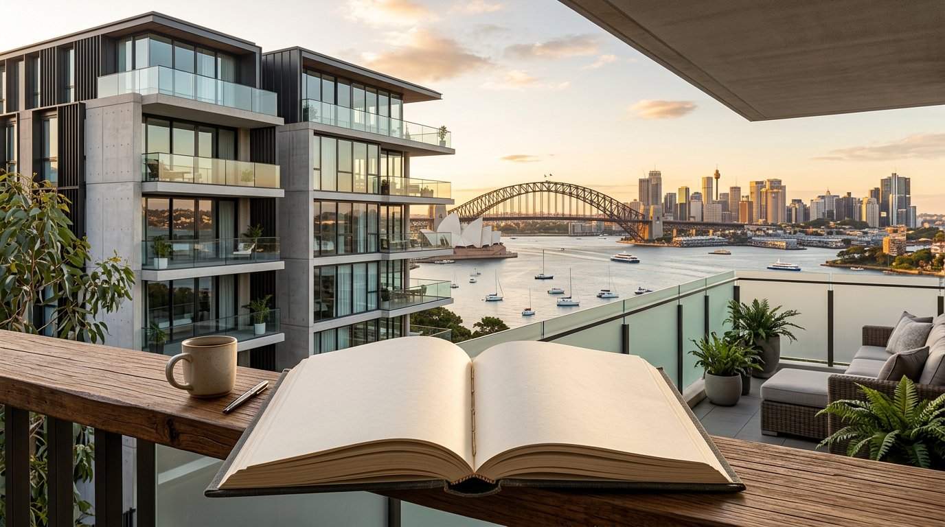 Open rulebook beside a modern Sydney apartment building with harbour views
