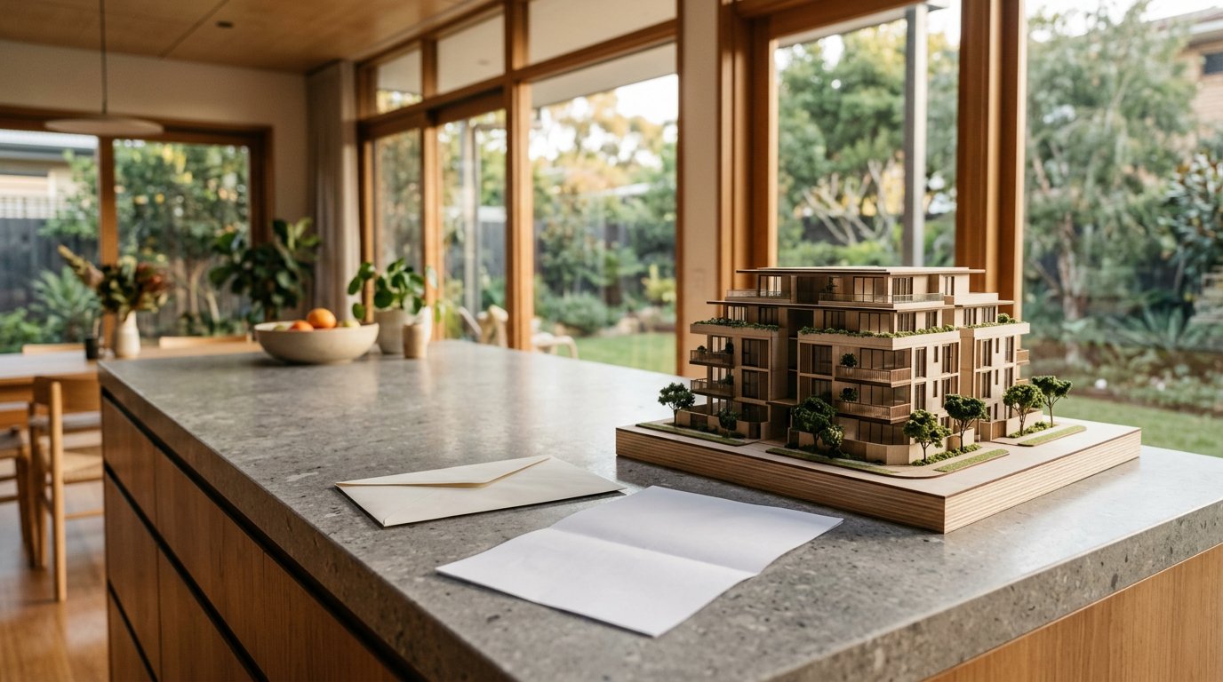 Special levy notice envelope beside a model apartment building on a kitchen bench