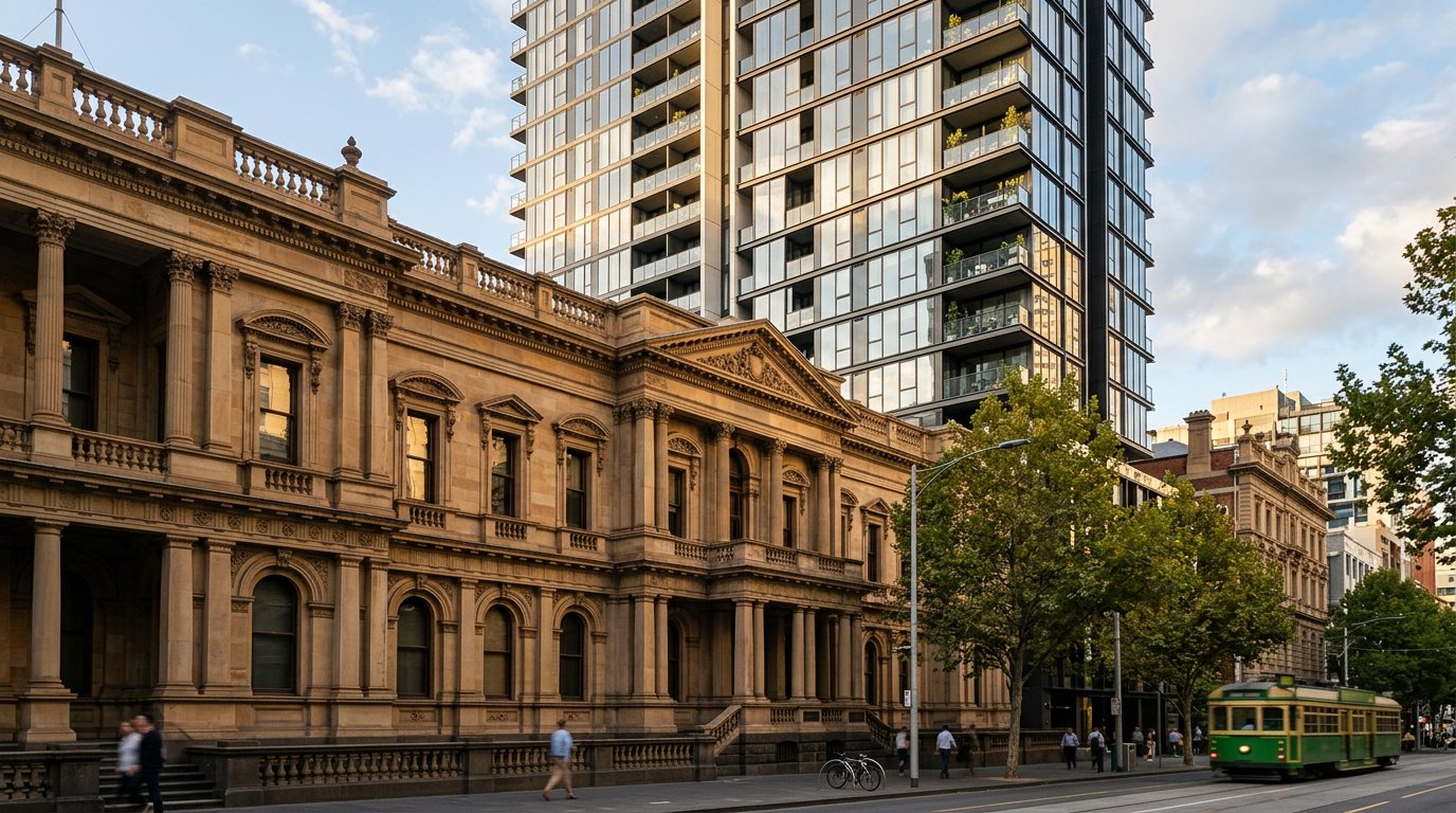 Melbourne sandstone parliament building with modern apartment tower behind
