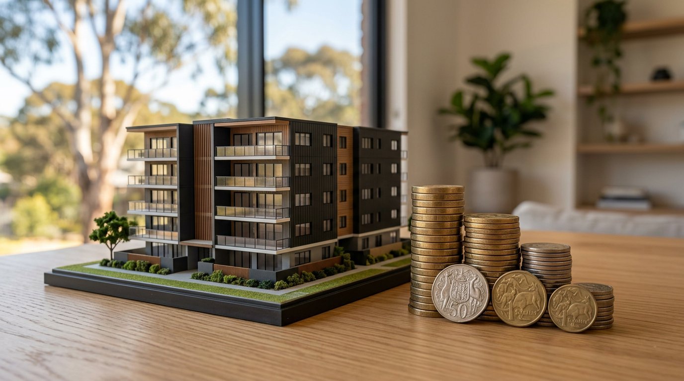 Australian coins stacked beside a scale model of a modern apartment building